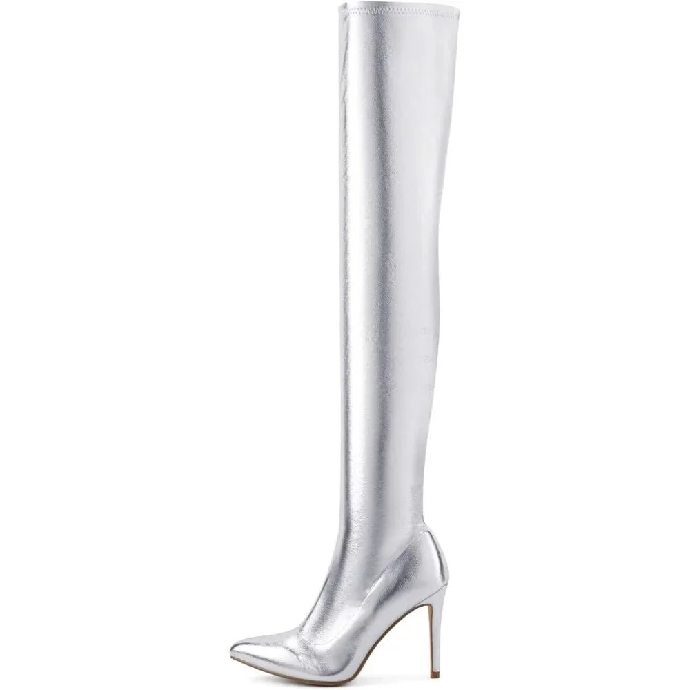 Women Silver Polyurethane Over The Knee High Stretchy Leather Thigh High Boots